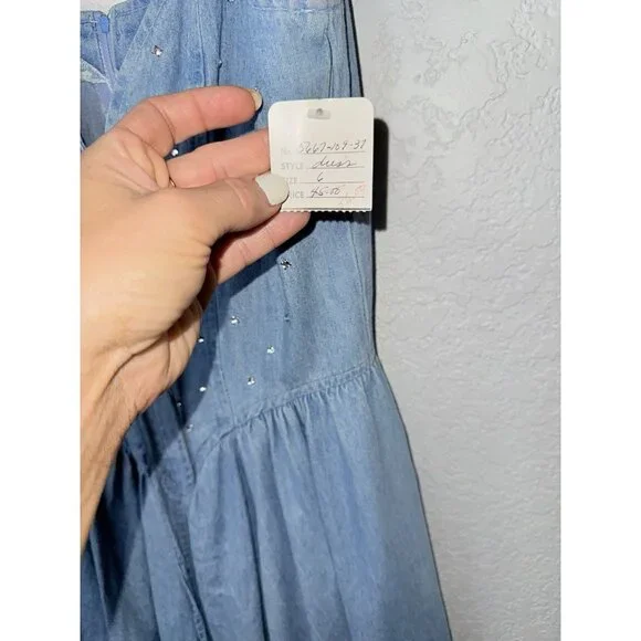 Vintage Denim Tank Dress 6 Rhinestone Fit Flare Old Western 80’s Tie Front P - Picture 5 of 14